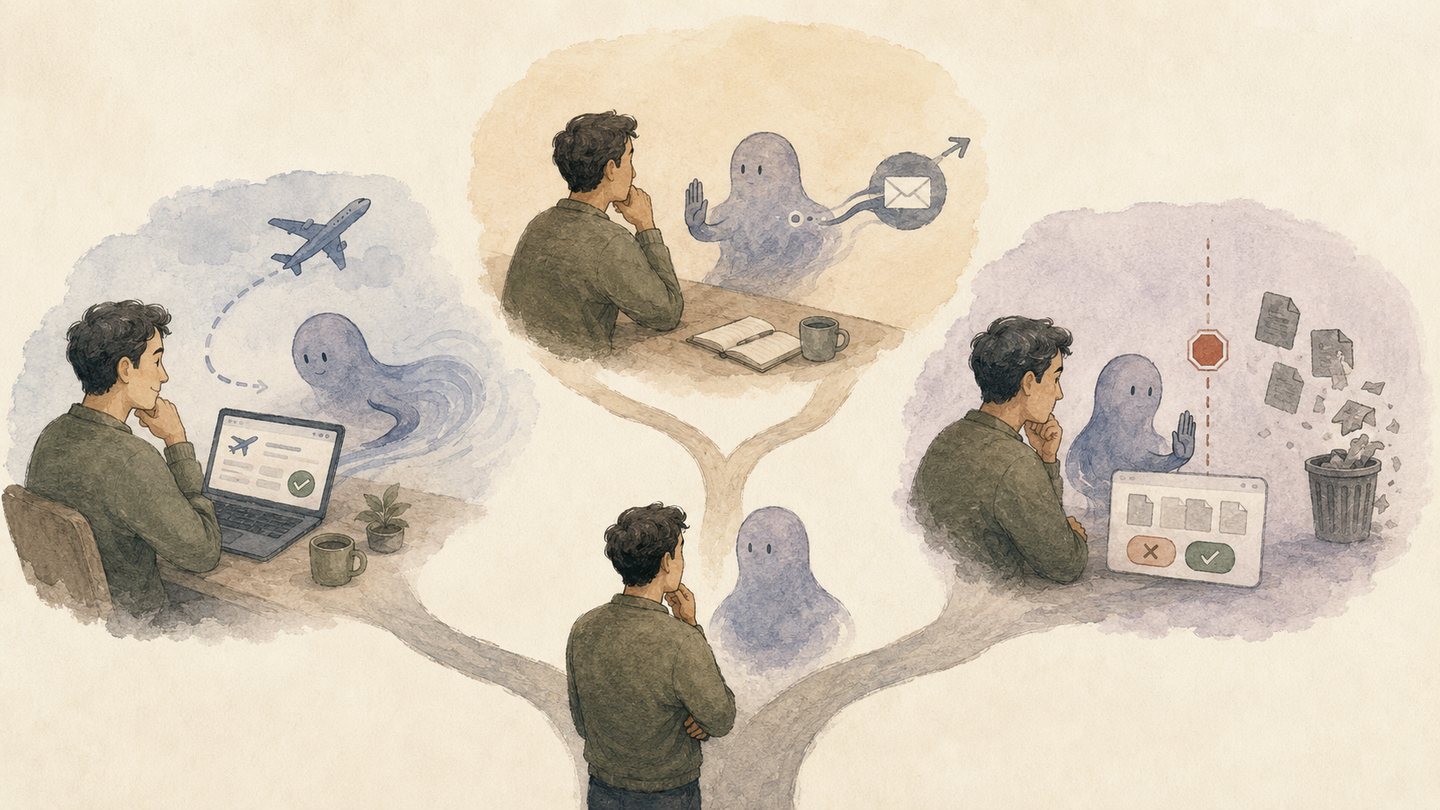 A person and a small assistant at a fork, with three paths — booking a flight, sending a message, and deciding what to keep or discard.